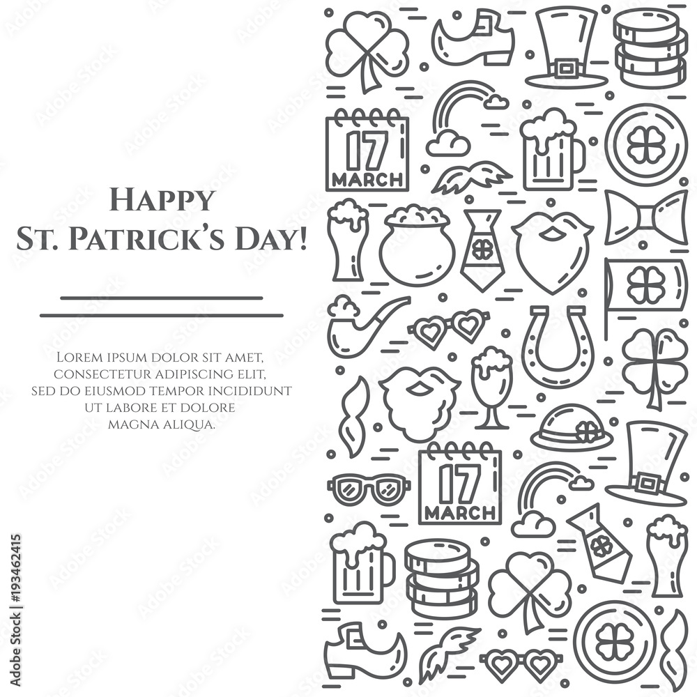 St. Patrick's Day theme black and white banner. Pictograms of shamrock, leprechaun hat, gold and other holiday related pictograms. Line out. Simple silhouette. Editable stroke. Vector illustration