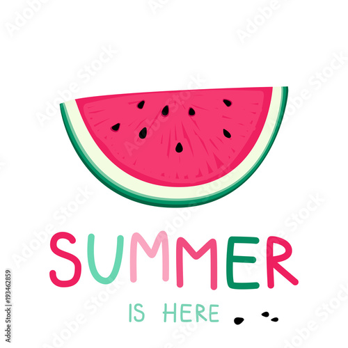 Summer is here vector poster. Watermelon and hand drawn font.