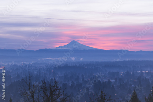 Beautiful cotton candy colored sunrise over Mt Hood and Portland, Oregon