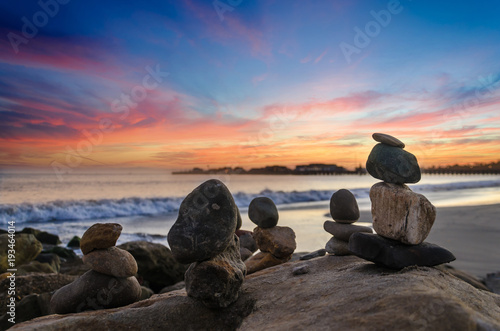 Santa Barbara beach sunset with balanced rocks