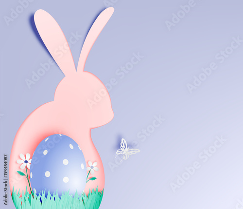 Happy easter day in paper art style with bunny and eggs