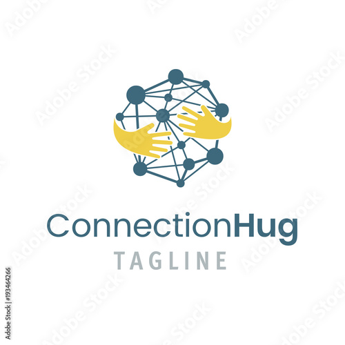 Connection hug logo template. Vector illustration of creative emblem with concept of friendship, teamwork, people community.