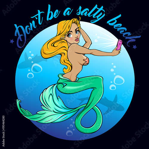 Mermaid poster. Hand crafted illustration of mermaid with blond hair taking a picture of herself by smart-phone. 