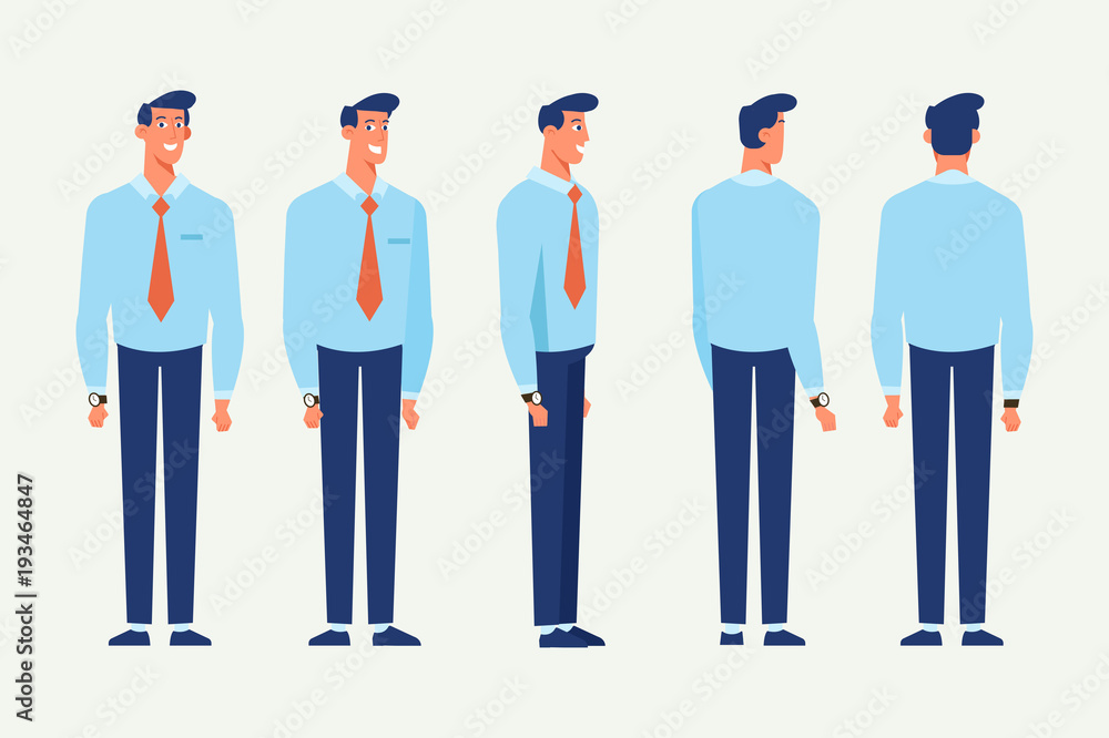 Business man for animation. Front, side, back, 3/4 view character. Separate parts of body. Cartoon style, flat vector illustration.