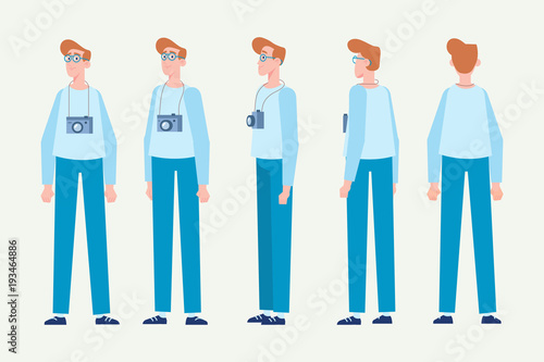 Young man for animation. Front, side, back, 3/4 view character. Separate parts of body. Cartoon style, flat vector illustration.