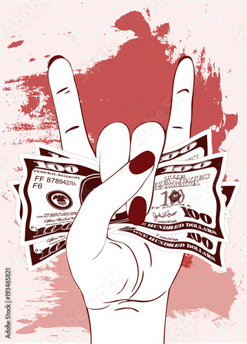 Heavy metal hand gesture with clutched currency USA. Rock-n-roll sign with crumpled money on textured background with red paint. Hand with several of bill one hundred dollars. Vector illustration. 