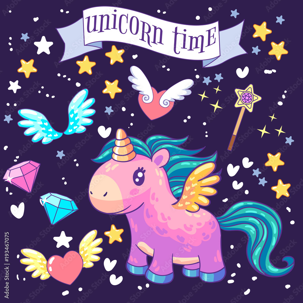 Decor elements set with cute unicorn. with diamonds, hearts, magic and wings. It can be used for sticker, patch, phone case, poster, t-shirt, mug and other design.