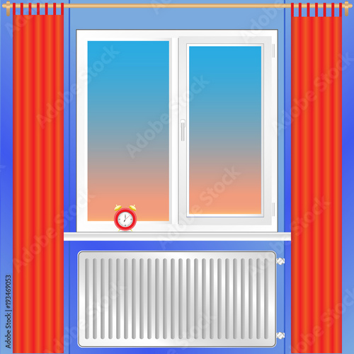 Window, curtains, heating radiator, alarm clock