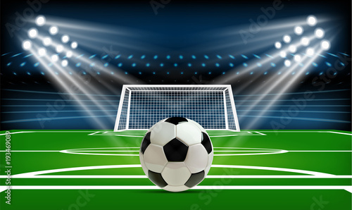 Football or soccer playing field with ball. Sport Game. Football stadium spotlight and scoreboard background with glitter light vector illustration
