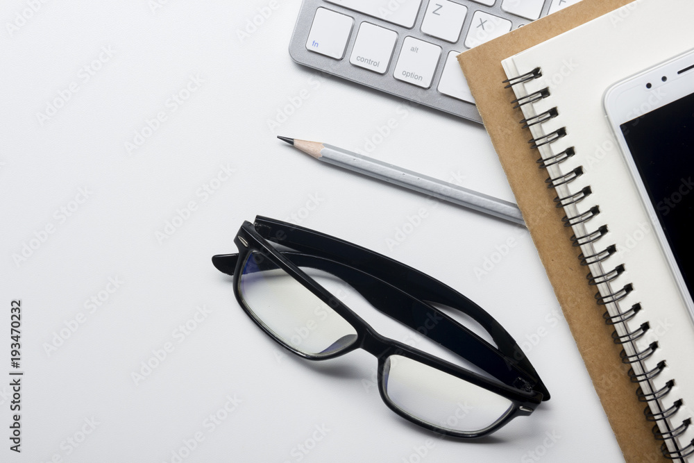 Office desk table with supplies. Flat lay Business workplace and objects. Top view. Copy space for text Office desk table with supplies. Flat lay Business workplace and objects. Top view. Copy space for text