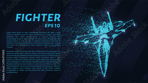 Fighter of the particles. Military aircraft consists of dots and circles. Blue fighter on a dark background.