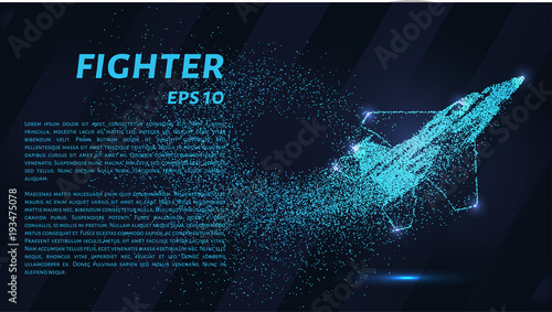 Fighter of the particles. Military aircraft consists of dots and circles. Blue fighter on a dark background.