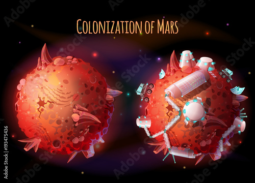 Colonization, exploration and terraforming of Mars, vector concept illustration. Futuristic landscape with two red planets, one lifeless, with mountains and craters, another with space base for humans