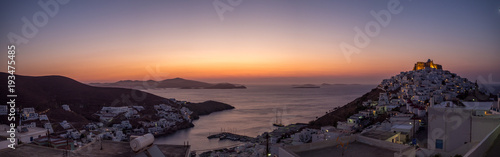 Panorama of Astypalaia island with the harbor at sunrise