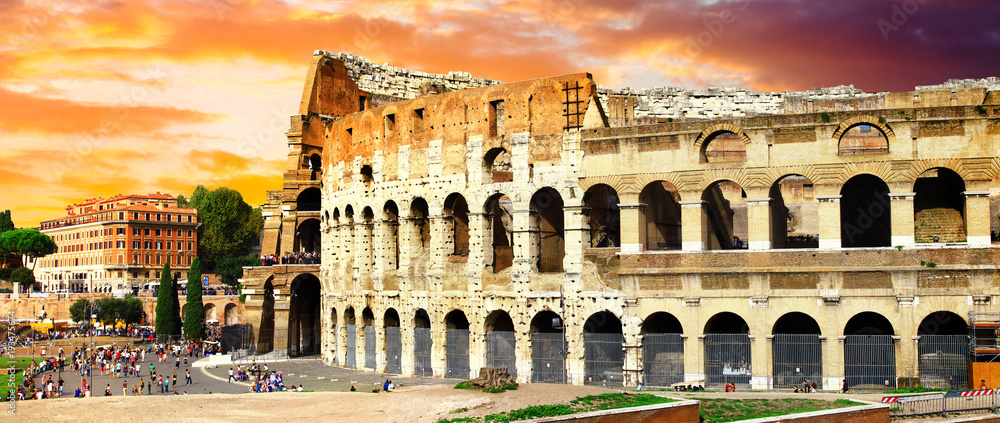 great Rome, panoramic view with Colosseo over sunset