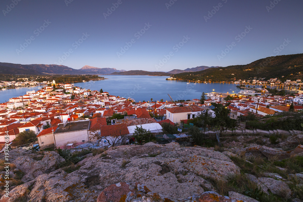 View of Poros island and Galatas village in Peloponnese peninsula in Greece. 
