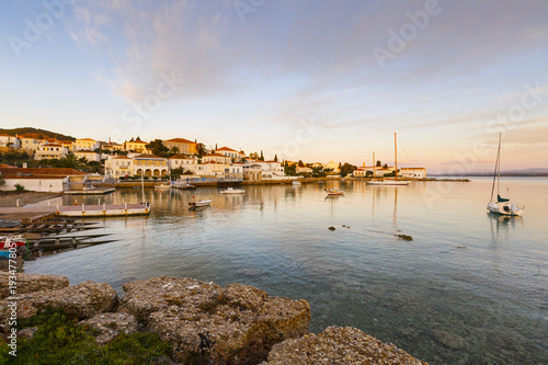 Morning view of the boats in the harbor of Spetses, Greece. 
