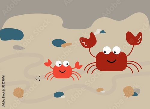 Cute crab family on sand beach vector