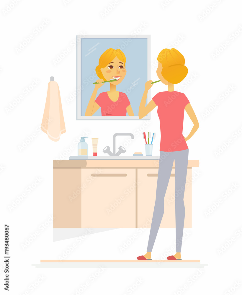 Young woman brushing her teeth - cartoon people character isolated illustration Young woman brushing her teeth - cartoon people character isolated illustration