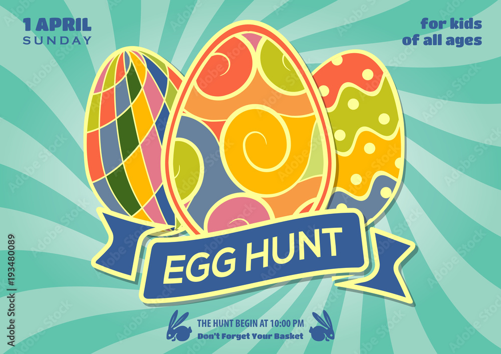 Fototapeta premium Easter egg hunt poster, invitation, leaflet template design. Vector Illustration.