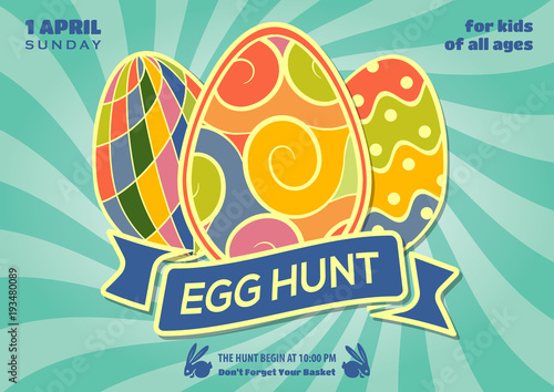 Easter egg hunt poster, invitation, leaflet template design. Vector Illustration.