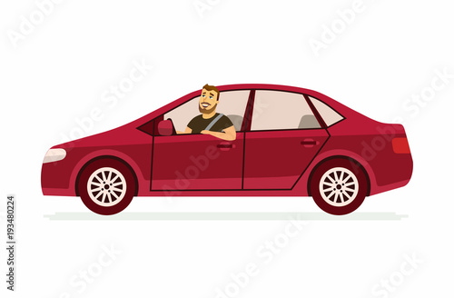 Young man in a car - cartoon people character isolated illustration