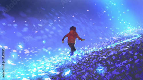 night scenery of the boy running on blue meadow with glowing petal of flowers, digital art style, illustration painting © grandfailure