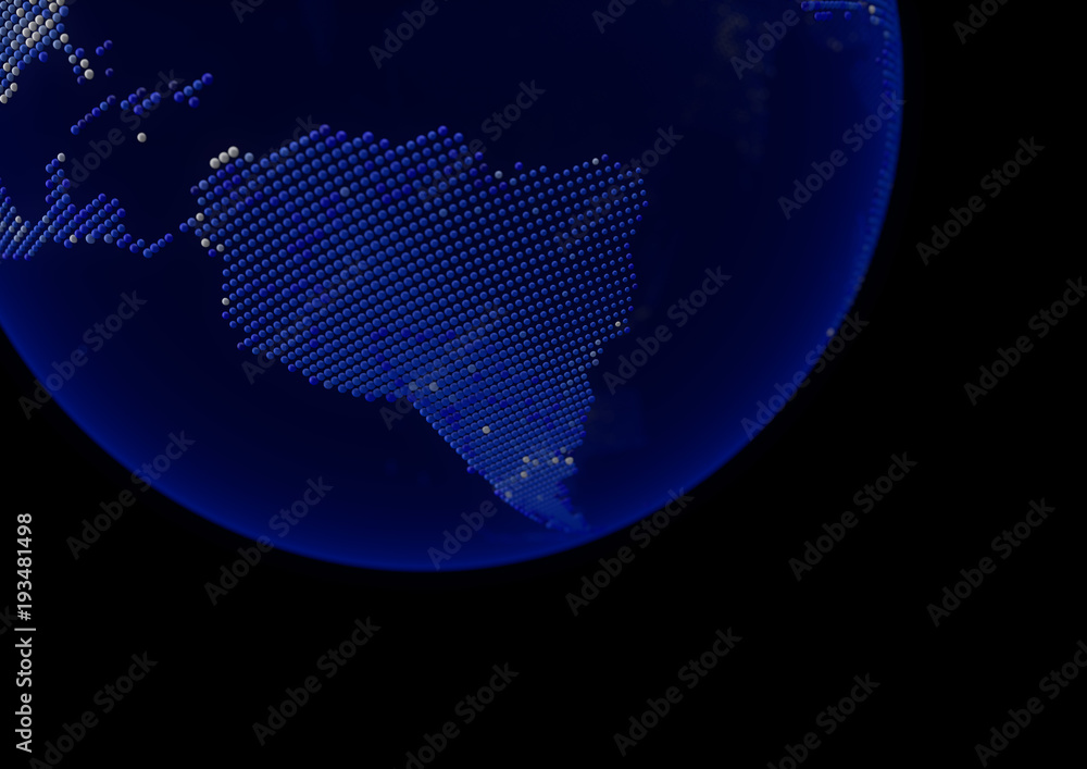 Blue point world globe South America map 3D illustration with white dot cities on dark background.
