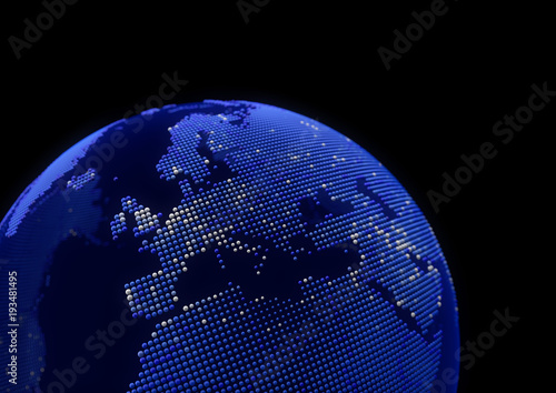 Blue point world globe Europa map 3D illustration with white dot cities on dark background.