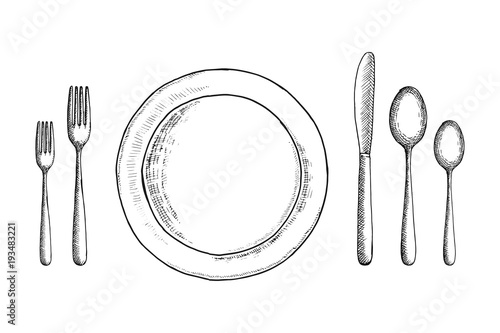 cutlery vector sketch set. spoon fork and knife near the plate. table setting