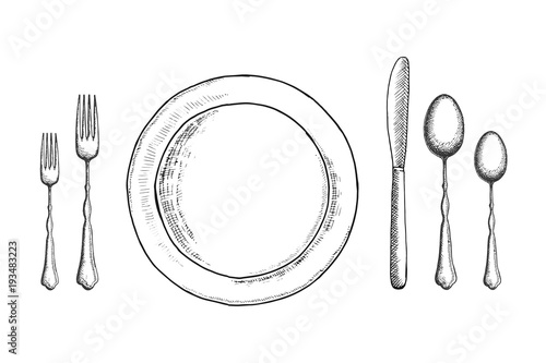 vintage cutlery vector sketch. table setting set