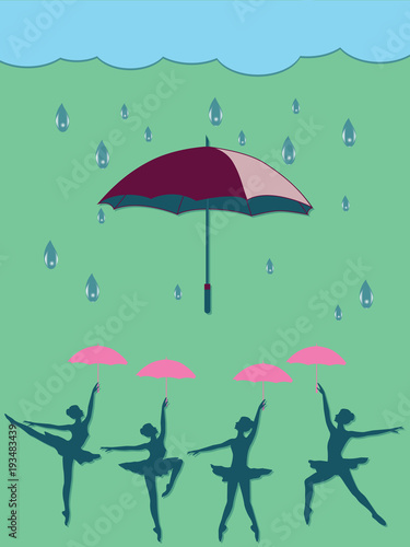 Ballerinas dancing under umbrellas - raindrops - vector art illustration. Spring Poster.