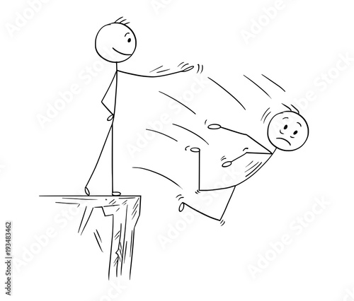 Cartoon stick man drawing conceptual illustration of man or businessman pushing competitor from high cliff. Business concept or unfair competition or rivalry.