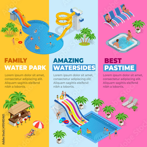 Aquapark vertical web banners with different water slides, family water park, hills tubes and pools isometric vector illustration. design for web, site, advertising, banner, poster, board and print