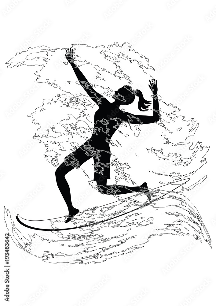 Naklejka premium Sketch - Surfer - cheerful girl - wave in grunge style - isolated on white background - art vector.