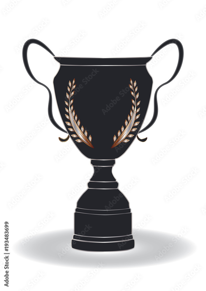 Prize winning cup black with gold silver laurel branch - isolated on white background - vector art illustration. Prize winning cup black with gold silver laurel branch - isolated on white background - vector art illustration.