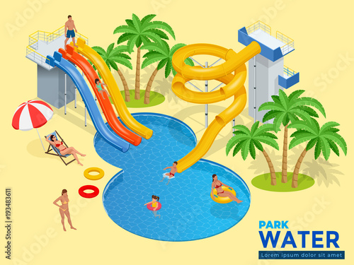 Aquapark horizontal web banner with different water slides, family water park, hills tubes and pools isometric vector illustration. design for web, site, advertising, banner, poster, board and print