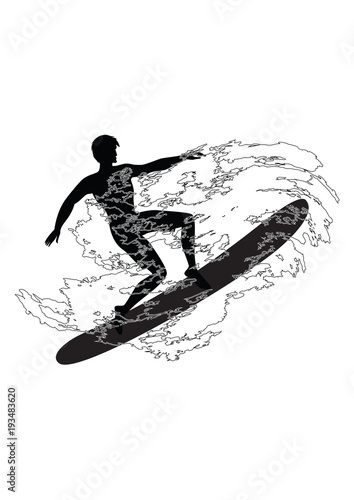 Sketch - Surfer - man - wave in grunge style - isolated on white background - art vector.