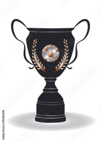 Sports cup - black with laurel branch and soccer ball - isolated on white background - vector art illustration.