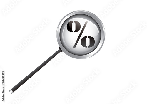 Magnifier and zero percent sign - isolated on white background - vector art illustration.