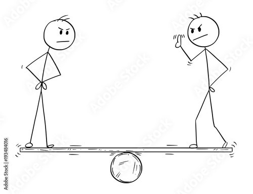 Cartoon stick man drawing conceptual illustration of two man, workers or business teammates measured for their individual contribution to team.