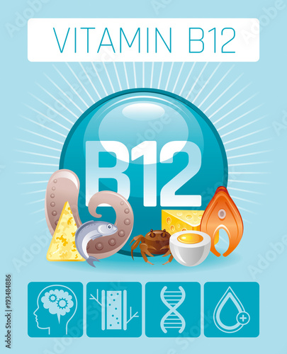 Cyanocobalamin Vitamin B12 supplement food icons. Healthy eating flat icon set, nutrition text letter. Diet Infographics chart banner, fish seafood, egg, dairy. Table vector illustration human benefit