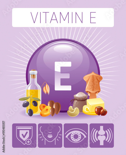 Vitamin E Tocopherol nutrition food icons. Healthy eating, antioxidant supplement text letter logo, isolated background. Diet Infographic diagram. Table vector illustration. Butter, olive oil, squid
