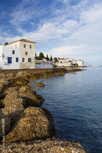 Traditional architecture in Spetses seafront, Greece. 