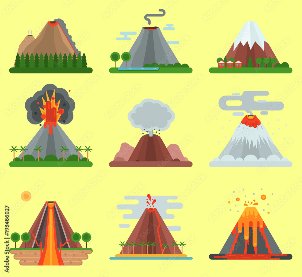Volcano vector magma nature blowing up with smoke mountain isolated. Crater mountain volcano hot fire natural eruption nature. Volcano erupt ash fire hill landscape outdoor geology exploding ash Volcano vector magma nature blowing up with smoke mountain isolated. Crater mountain volcano hot fire natural eruption nature. Volcano erupt ash fire hill landscape outdoor geology exploding ash