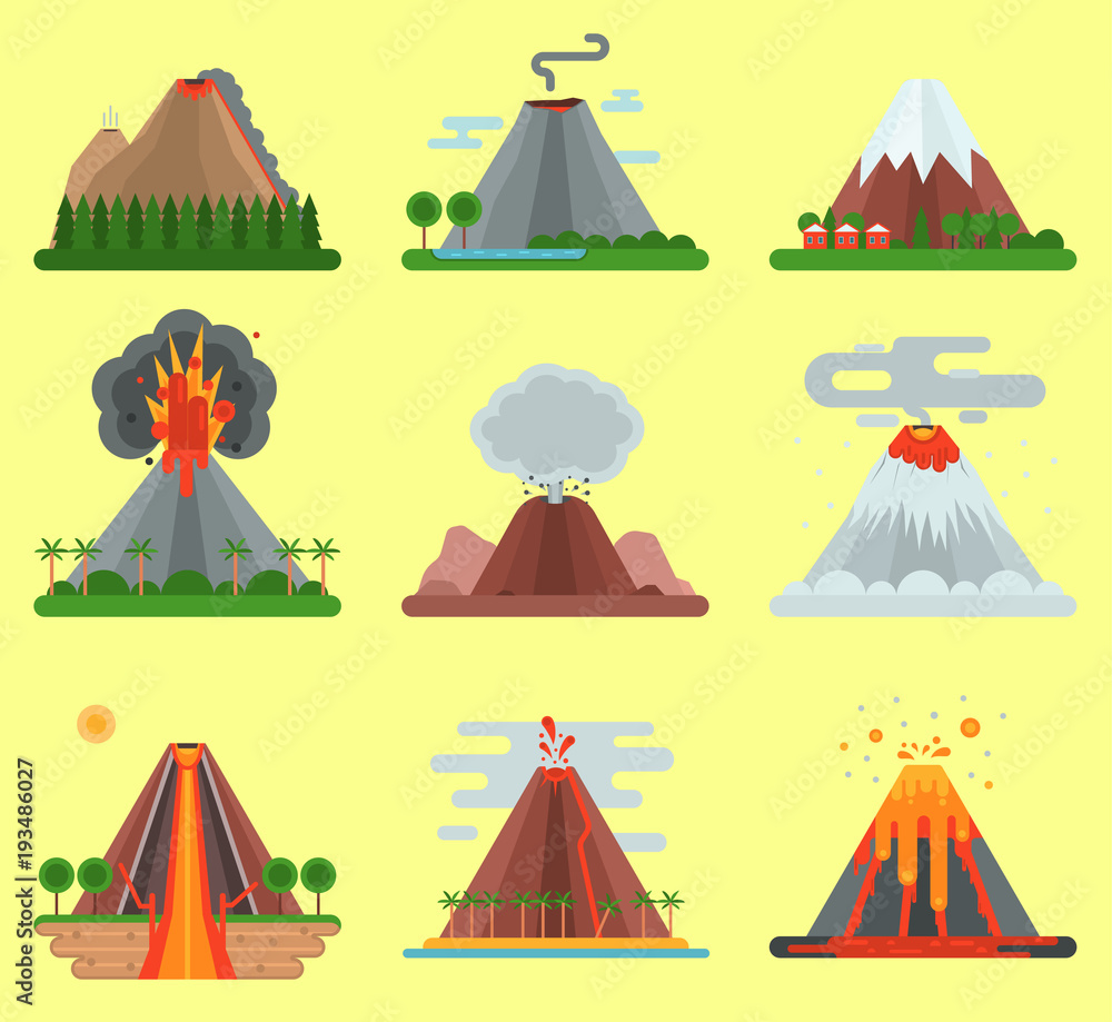 Volcano vector magma nature blowing up with smoke mountain isolated. Crater mountain volcano hot fire natural eruption nature. Volcano erupt ash fire hill landscape outdoor geology exploding ash