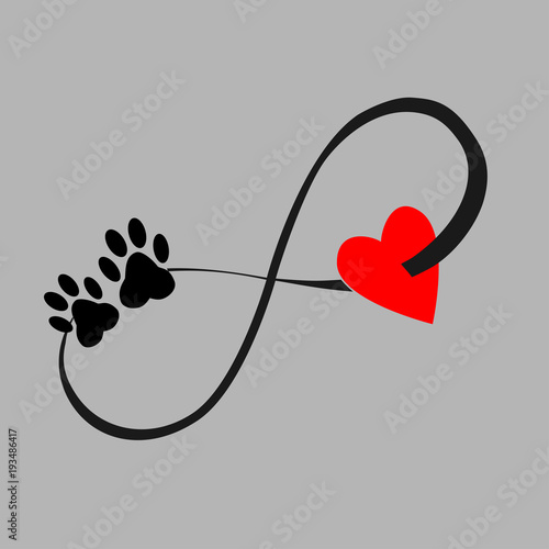 My dog is forever. Red heart and paw track. An old classic tattoo. Vector illustration. Black and white, red