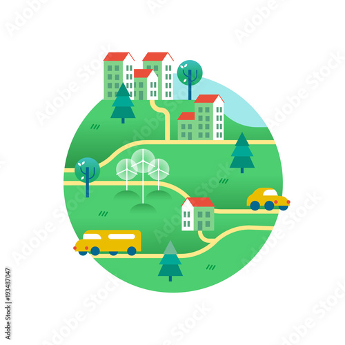 Green world with houses and eco friendly transport