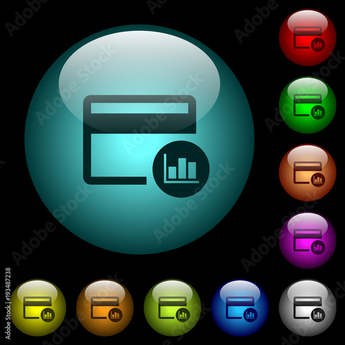 Credit card transaction reports icons in color illuminated glass buttons