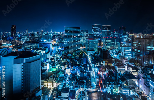 Aerial view of skyscrapers in Osaka city, Japan photo